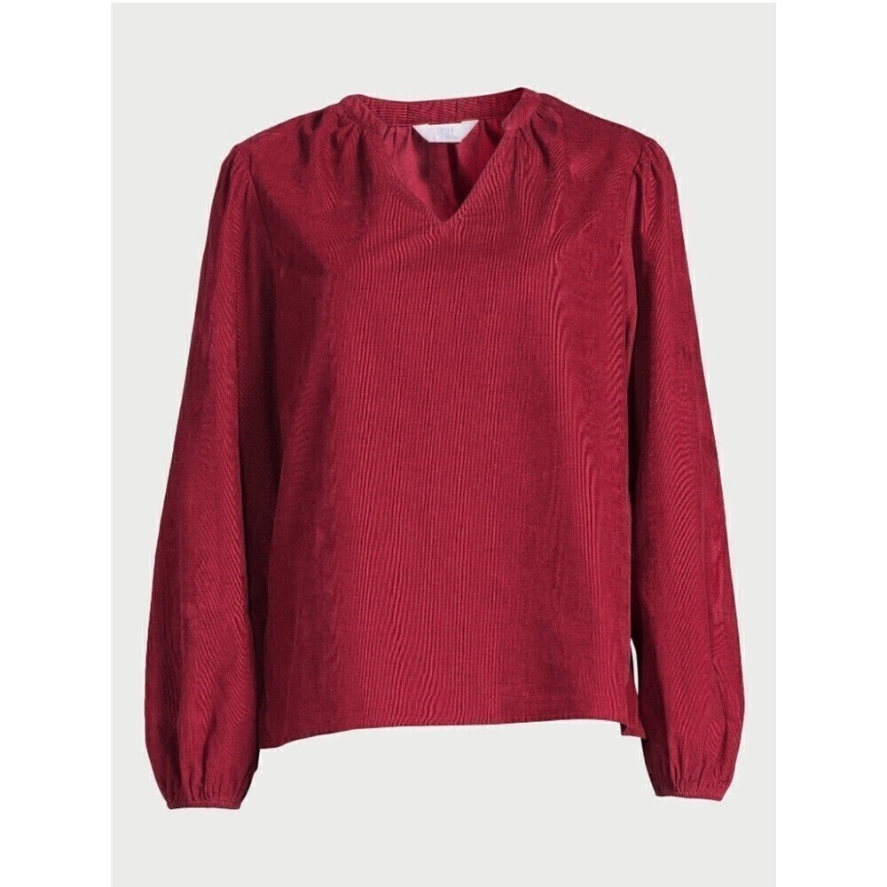 Time and Tru Women's Rich Red Puff Sleeve Corduroy Top - Picture 4 of 6